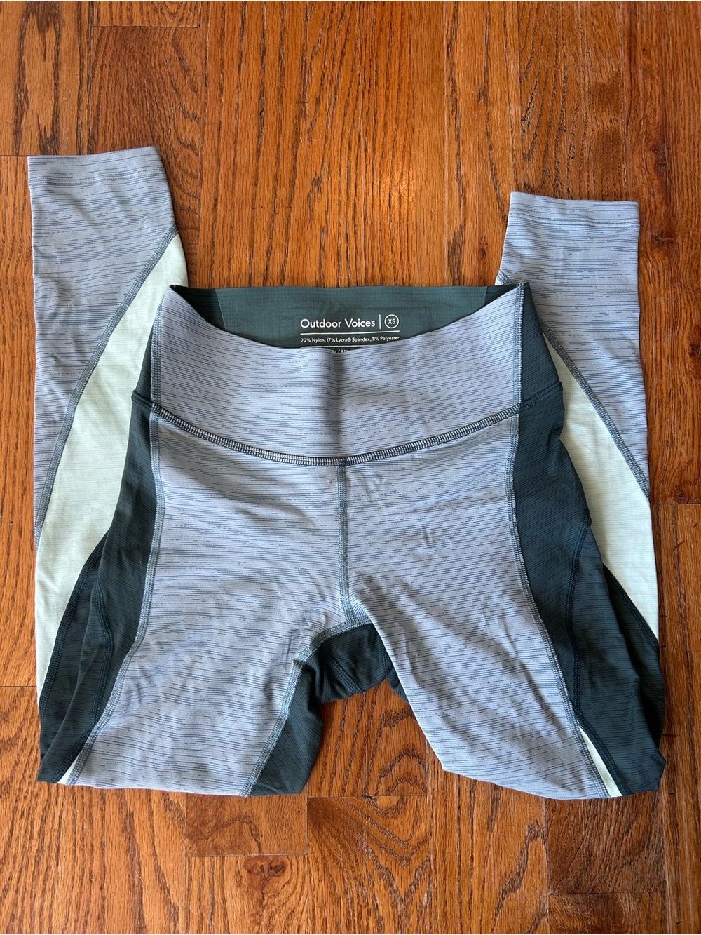 Outdoor Voices Leggings with Mint and Dark Green Panels
